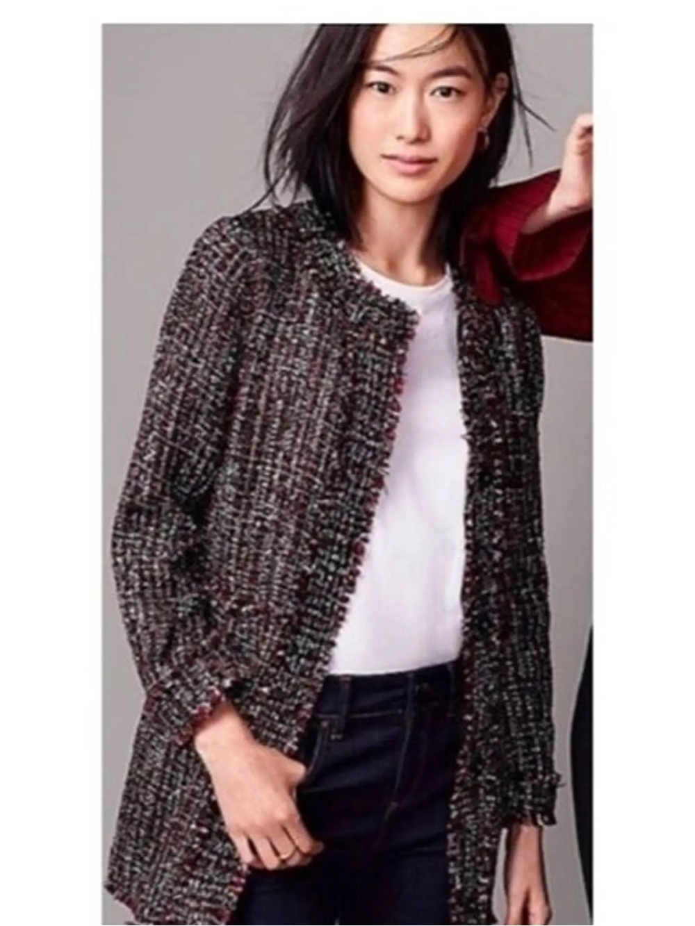 Ann Taylor NWT Metallic Tweed Jacket Coat Black, red, white snap closure size 8
